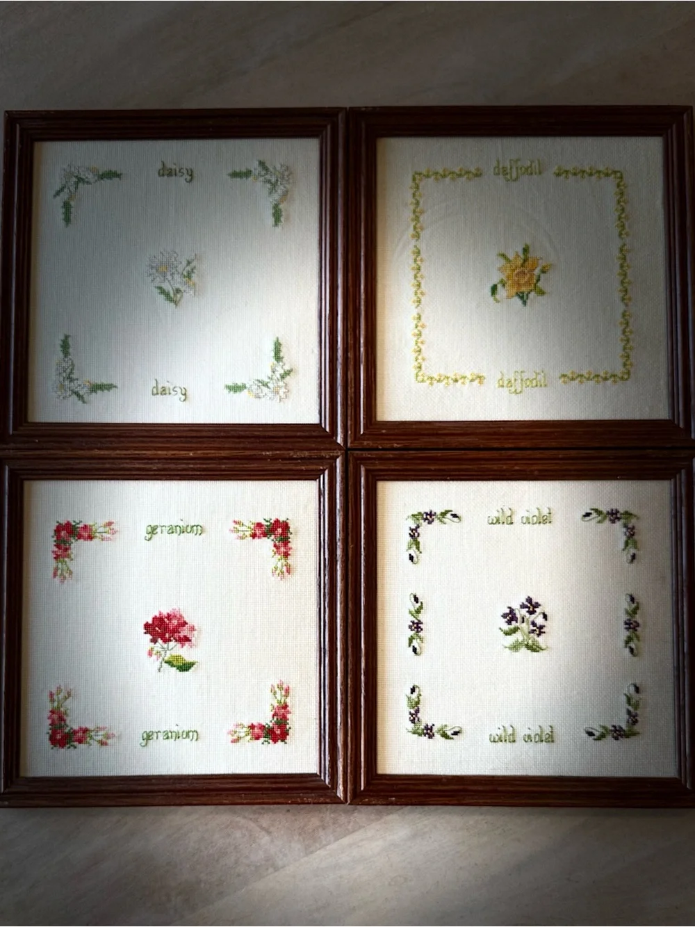 Set of Four Floral Embroidered Wall Frames - Brown